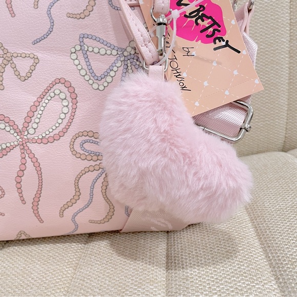 New Luv Betsey Johnson Pink Bow Mini Tote LBKLARA Bag Pom Pom Coquette Feminine - Picture 3 of 9